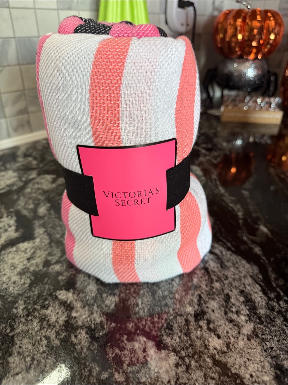 Victoria's Secret Pink & White Striped Cozy Throw